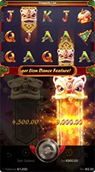 Prosperity Lion · Pemantauan banner status fitur dan panggung animasi barongsai tengah.
